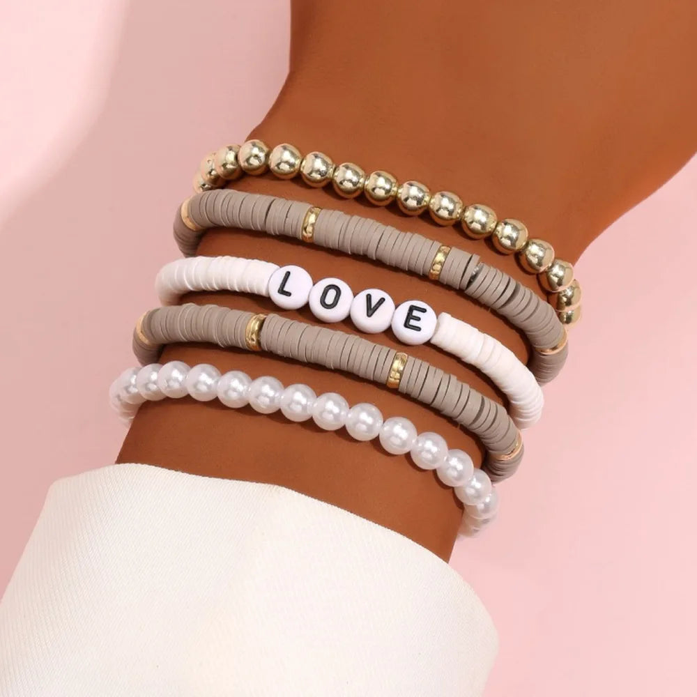 Fashion Rainbow Stackable Bracelets Set For Women Heart Charm Soft Clay Pottery Layering Beads Chain Bangle Female Boho Jewelry