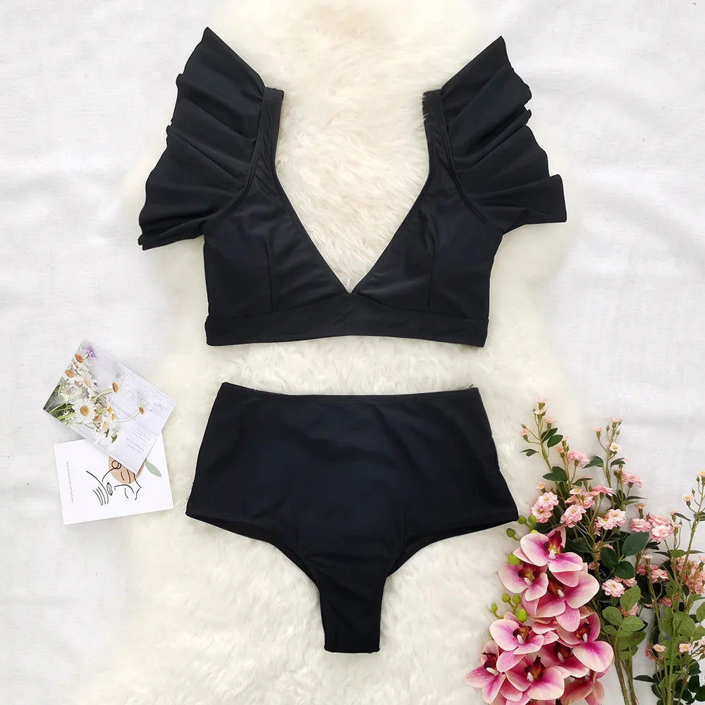 Ruffle Swimsuit 2024 New High Waist Bikini Solid Swimwear Women Sexy Bikinis Push Up Swim Wear Female Bathing Suit Beachwear