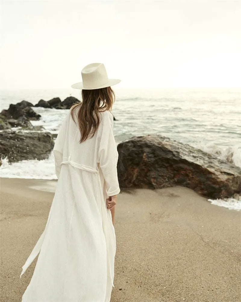 2024 Crochet White Knitted Beach Cover Up Dress Tunic Long Pareos Bikinis Cover Ups Swim Cover Up Robe Plage Beachwear
