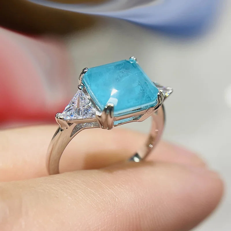 925 Sterling Silver Paraiba Emerald Tourmaline Gemstone Rings For Women Engagement Party Fashion Wedding Jewelry 9*9mm