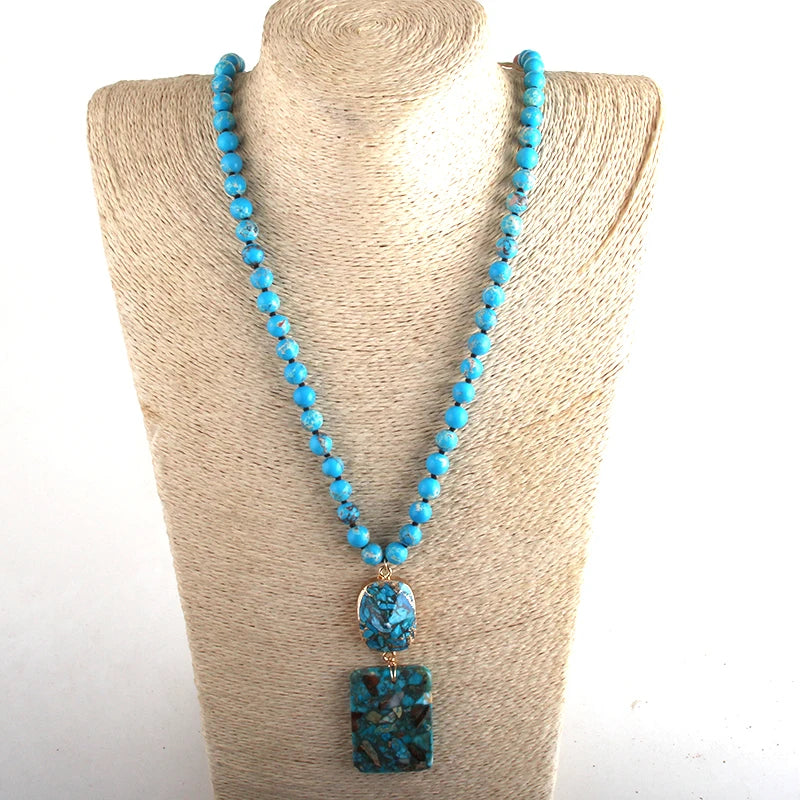 Fashion Bohemian Jewelry Gorgeous Gems Long Knotted With Semi Precious Stone Pendant Necklaces For Women Boho Necklace