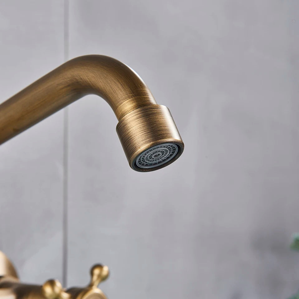 Antique Brass Kitchen Faucet Hot And Cold Water Mixer Faucets Wall Mounted Tap Vessel Sink Mixer Tap Swivel Spout Basin Mixer