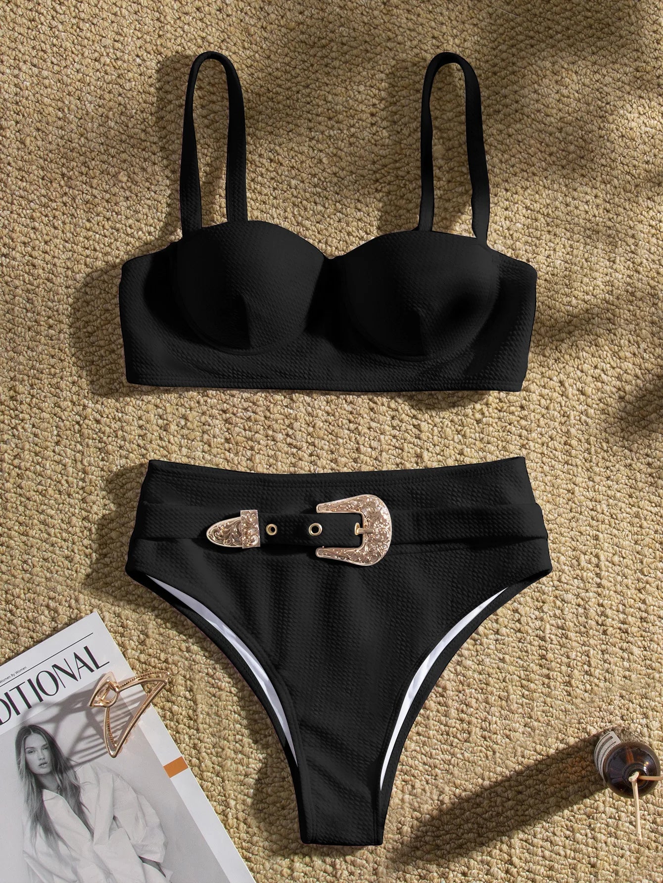 Sexy Rhinestone Belt High Waist Bikinis Set 2024 Women Solid White Black Push Up Underwire Swimsuit Buckle Bathing Suit Swimwear