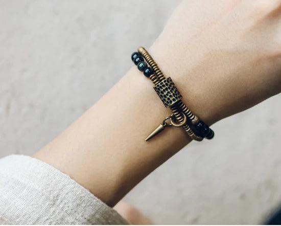 Rainbow Obsidian Beads Bracelet Hammered Brass Two Row  Health Unisex Jewelry for Women Unique Handmade Personalized Bracelet