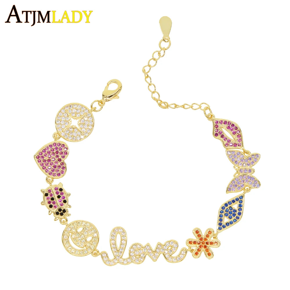2025 Gold Color rainbow colorful cz lip butterfly heart cute lovely lucky charm bracelet elegant Luxury fashion women jewelry