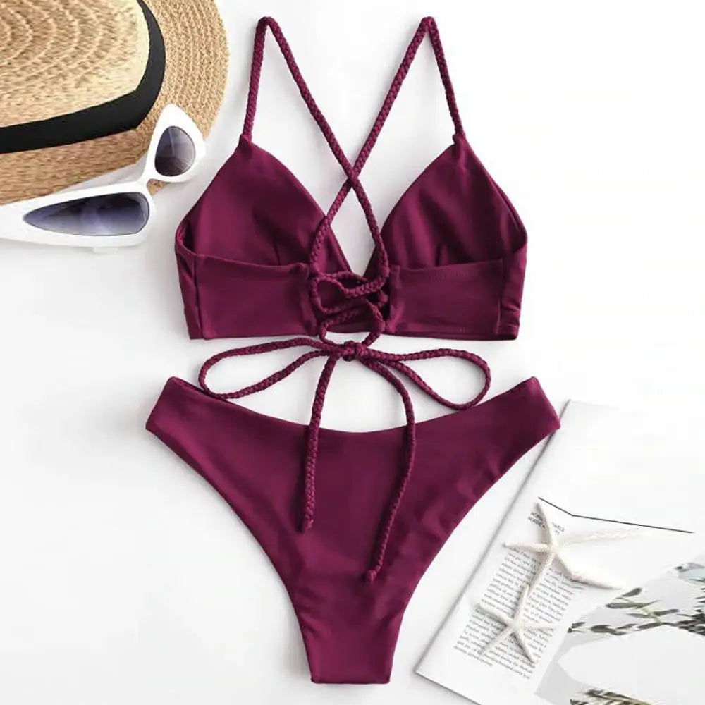 Melphieer 2025 New Wine Red Braided Straps Bikini Cross Back Brazilian Bikinis Set Biquini Swimsuit Swimwear Women Bathing suit