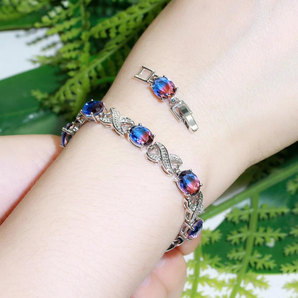 Pera Trendy Cross Oval Rainbow Cubic Zirconia Silver Color Tennis Chain Link Bracelet for Ladies Wedding Party Jewelry Gift B199