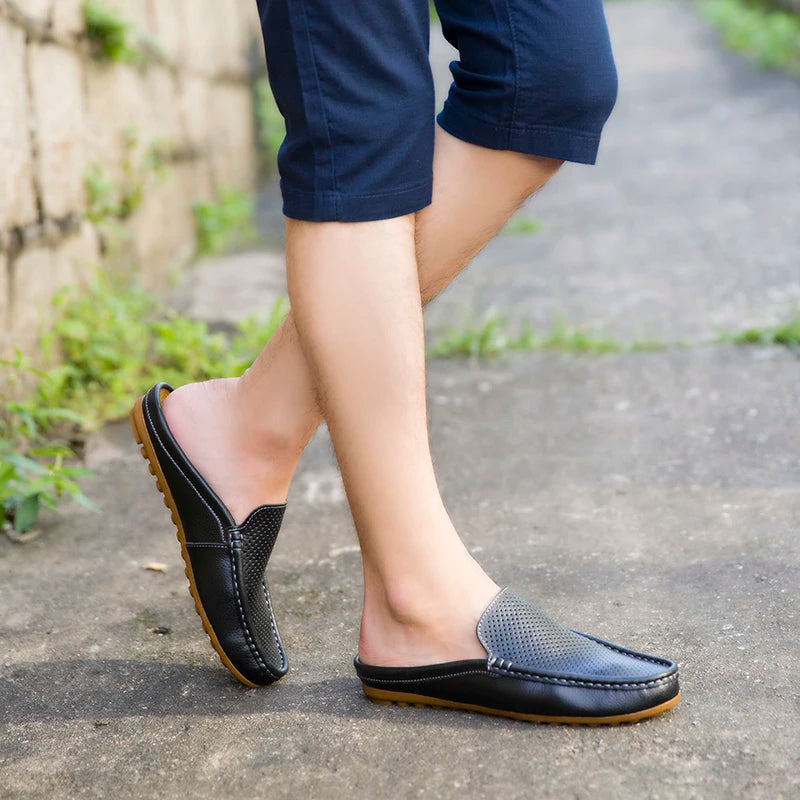 Summer Men's Shoes Casual Brand Mens Breathable Loafers Genuine Leather Half Slipper For Men Slip on Lazy Driving Shoe Moccasins