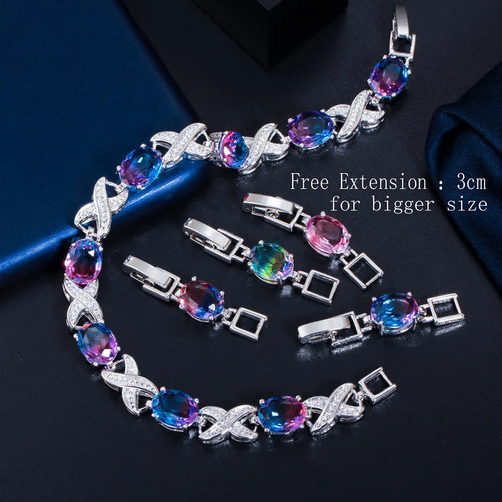Pera Trendy Cross Oval Rainbow Cubic Zirconia Silver Color Tennis Chain Link Bracelet for Ladies Wedding Party Jewelry Gift B199