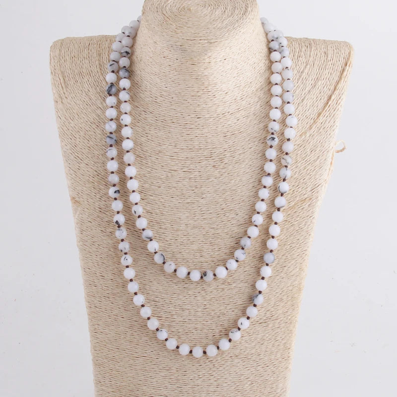New Bohemian Jewelry long Knotted Halsband 8mm 125-128cm Double wrap Natural Stone Necklace