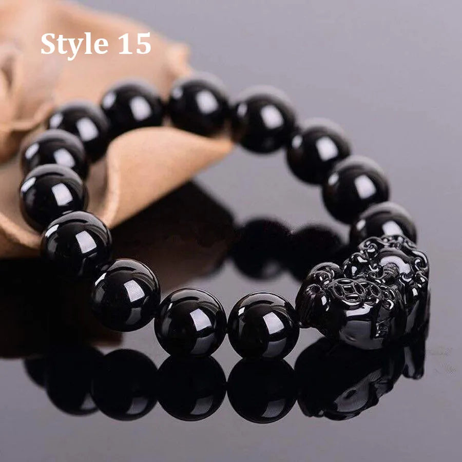 Feng Shui Obsidian Stone Beads Bracelet Wristband Gold Color Black Pixiu Wealth Good Luck Women Bracelet  Men Women Unisex