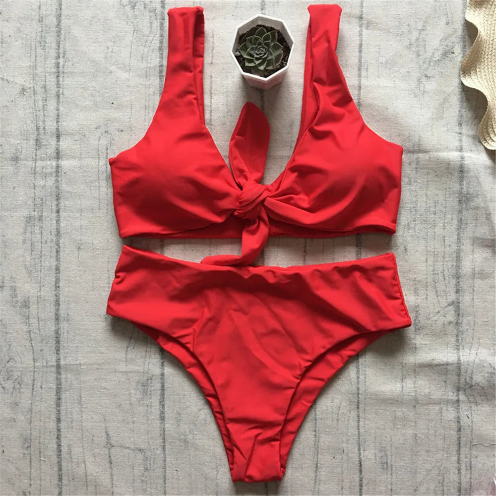 Sexy Front Knotted Bikinis Female Swimsuit High Waist Bikini Women Swimwear Two-pieces Bikini Set Bather Bathing Suit Swim Lady