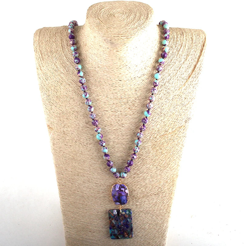 Fashion Bohemian Jewelry Gorgeous Gems Long Knotted With Semi Precious Stone Pendant Necklaces For Women Boho Necklace