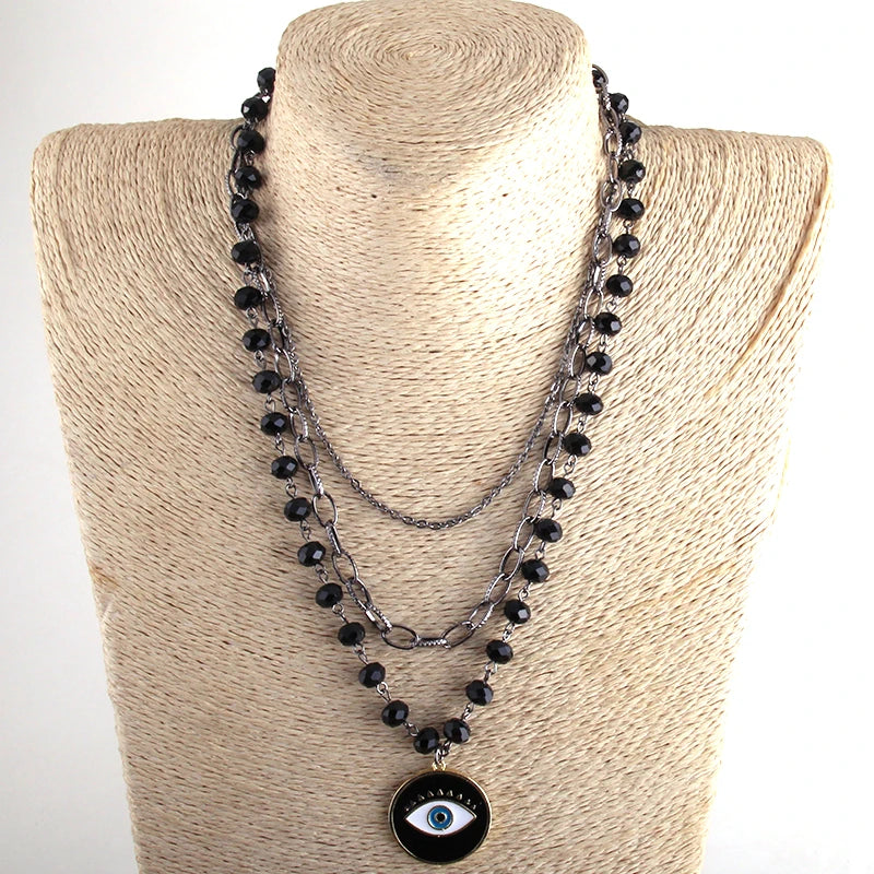 Fashion Bohemian Tribal Jewelry 3 Layer Multiple Black Glass Crystal Rosary Link & Chain Cross Pendant Necklaces