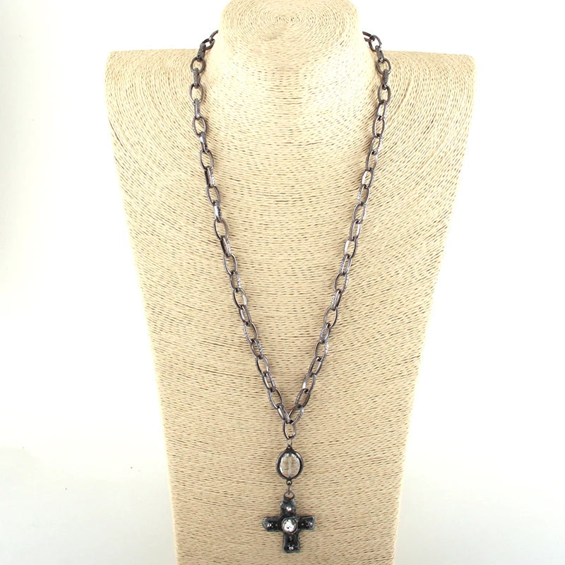 Fashion Bohemian Jewelry Black Gun Plated Chain Glass Pendant Solider Cross Necklaces