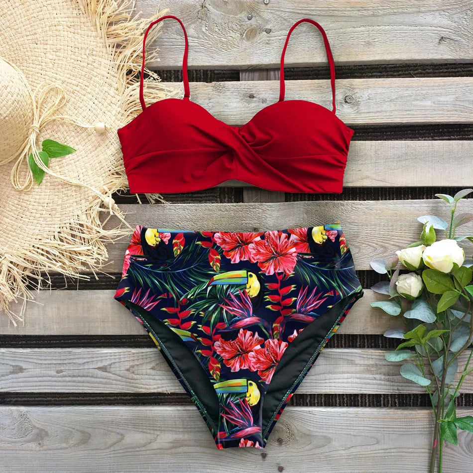 2024 Sexy Leaf Print Bikini Female Swimsuit Women Swimwear Thong Push Up Bikinis Set High Waist Swimming Suits for Bathing Suit