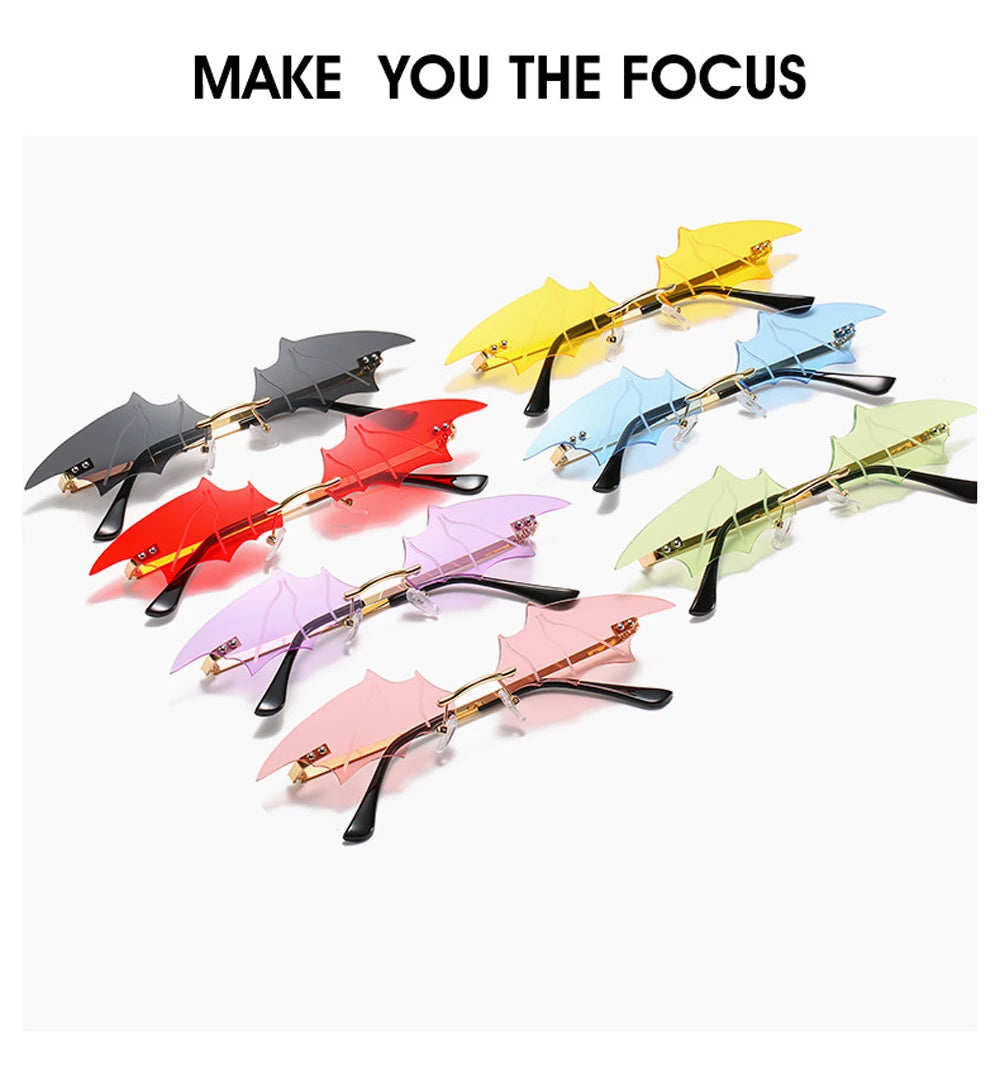 Fashion Rimless Men Sunglasses Women Trendy Bat Shaped Sun Glasses Female Male Vintage Black Mirror Shades Metal Oculos De Sol