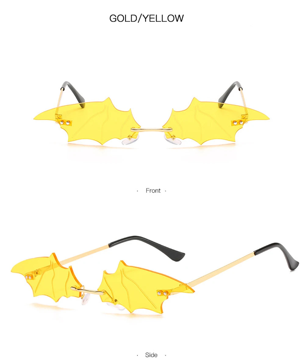Fashion Rimless Men Sunglasses Women Trendy Bat Shaped Sun Glasses Female Male Vintage Black Mirror Shades Metal Oculos De Sol