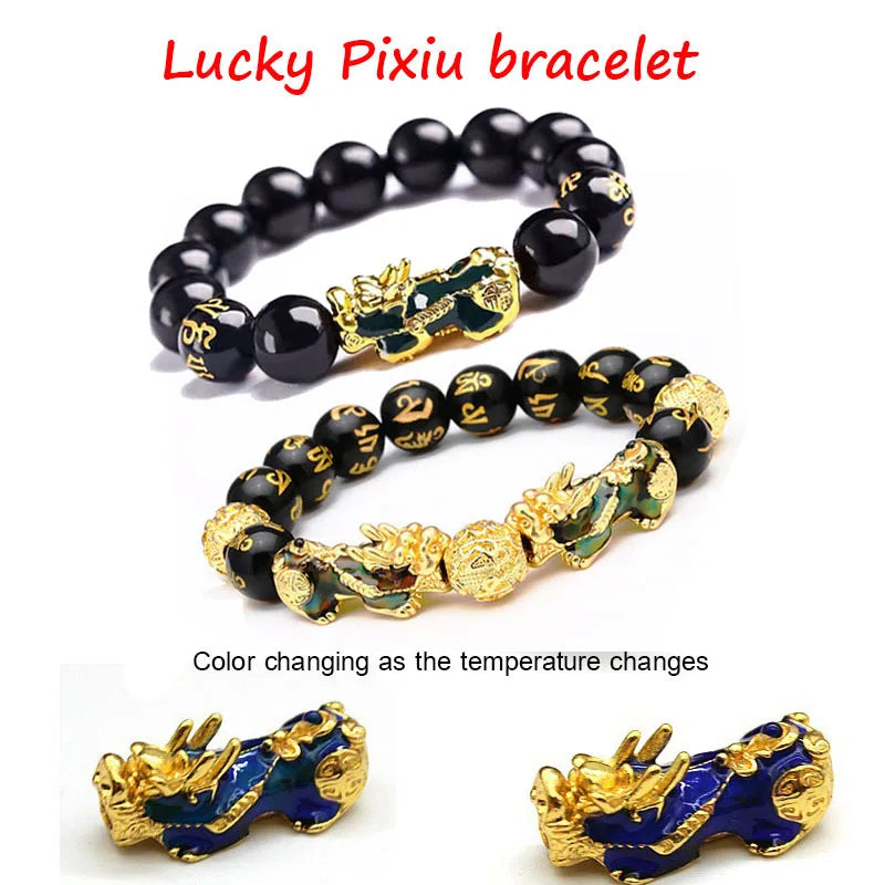 Feng Shui Obsidian Stone Beads Bracelet Wristband Gold Color Black Pixiu Wealth Good Luck Women Bracelet  Men Women Unisex