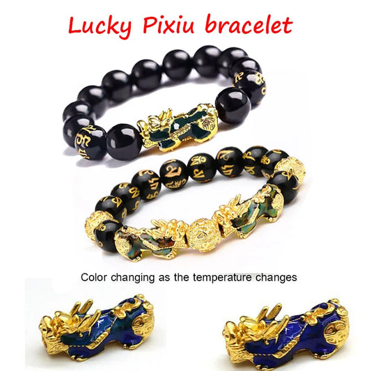 Feng Shui Obsidian Stone Beads Bracelet Wristband Gold Color Black Pixiu Wealth Good Luck Women Bracelet  Men Women Unisex