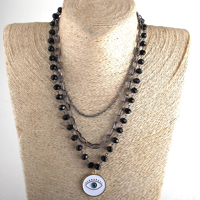 Fashion Bohemian Tribal Jewelry 3 Layer Multiple Black Glass Crystal Rosary Link & Chain Cross Pendant Necklaces