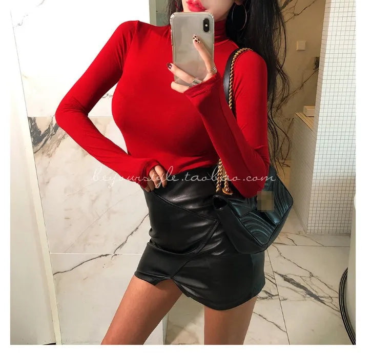 T Shirt Women Turtleneck Spring Top Sexy Elasticity T-Shirt Korean Tee Woman Clothes Slim Tshirt Female Skinny Long Sleeve Tops
