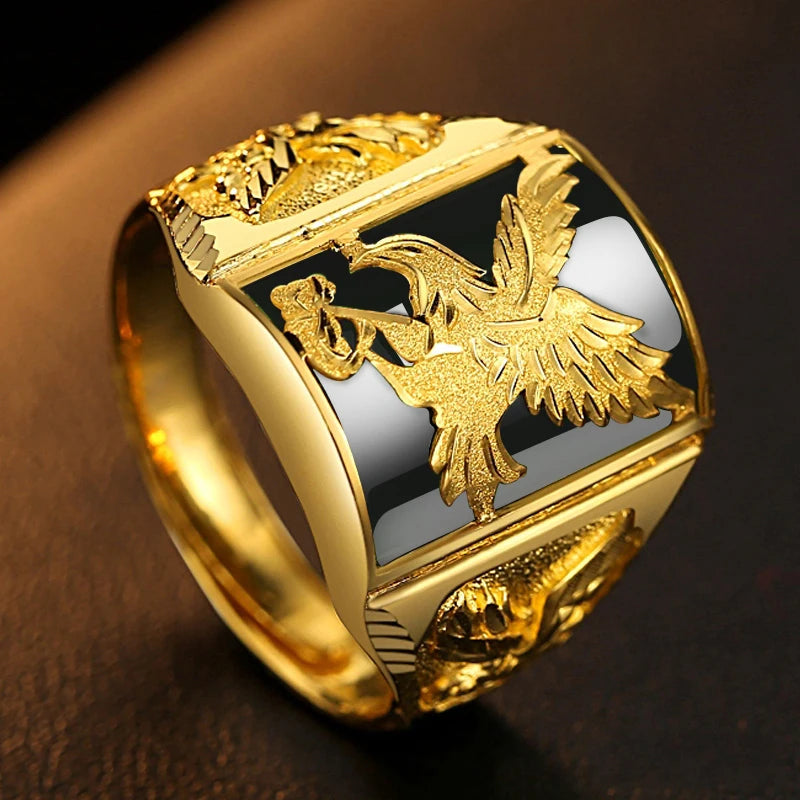 Punk Rock Eagle Men 's Ring Black Stone Gold Color Resizable To 7-11 Finger Jewelry Never Fade
