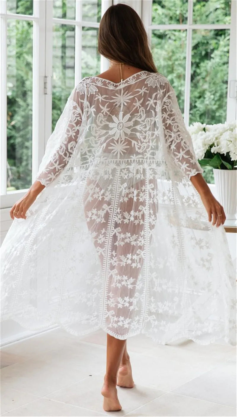 2024 Crochet White Knitted Beach Cover Up Dress Tunic Long Pareos Bikinis Cover Ups Swim Cover Up Robe Plage Beachwear