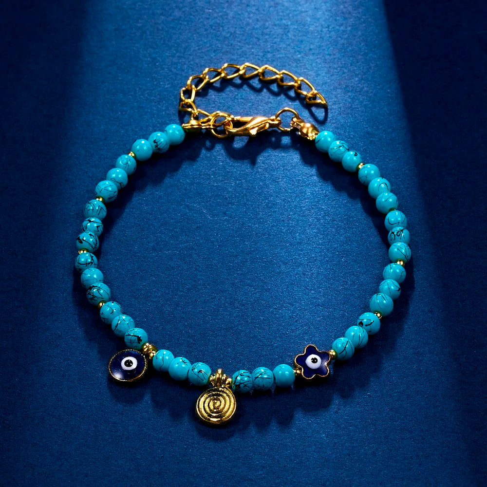 Lucky Handmade Vintage Rhinestone Palm Blue Evil Eye Pendant Link Chain Bracelet For Women Men Good Luck Bracelet Jewelry Gift
