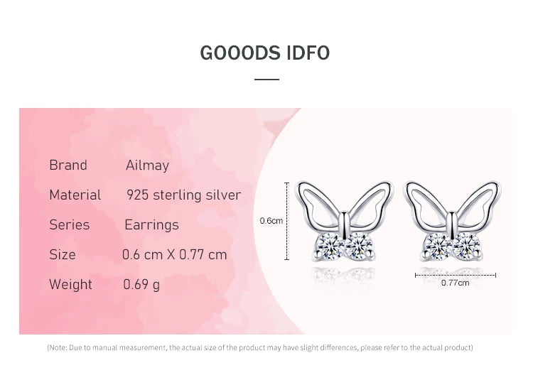 Ailmay  Insect 100% 925 Sterling Silver Butterfly Sweet Cute Stud Earrings For Women Girls Anti-allergy Fine Jewelry Gifts