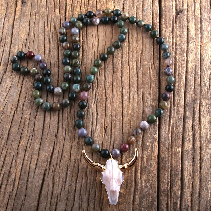 Fashion Bohemian Jewelry Sem Stone Knotted Horn Pendant Necklace For Women Boho Ethnic Necklace Gift