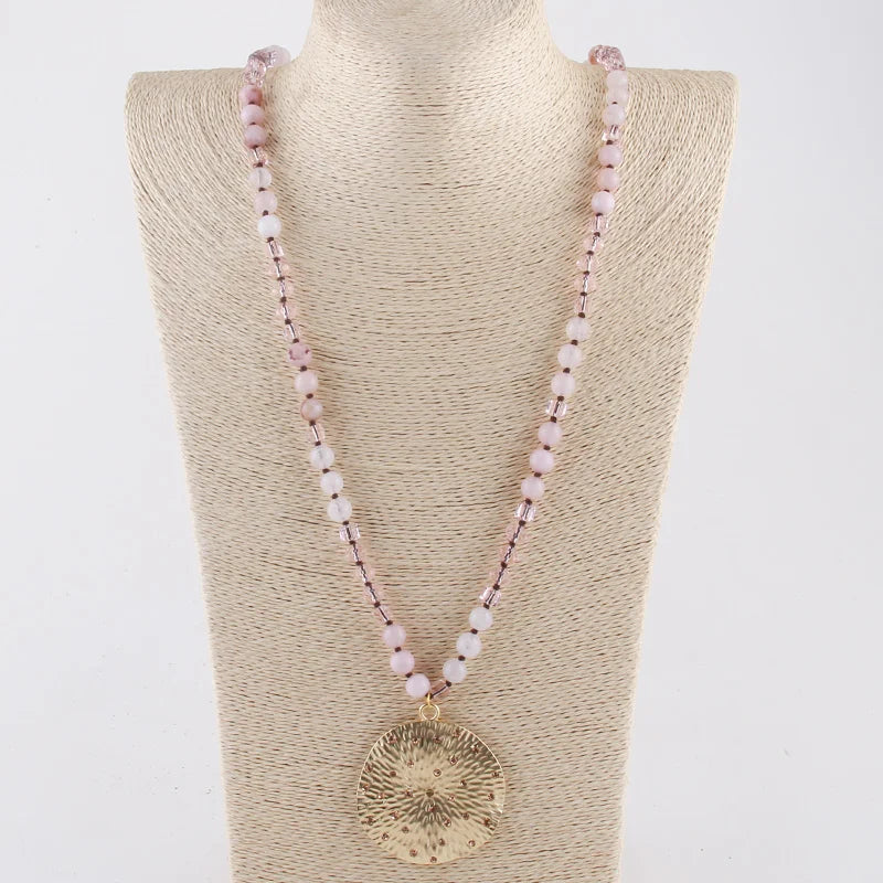 RH Fashion Bohemian Jewelry Natural Stones With Glass Links Crystal Round Pendant Necklaces For Women Boho Gift