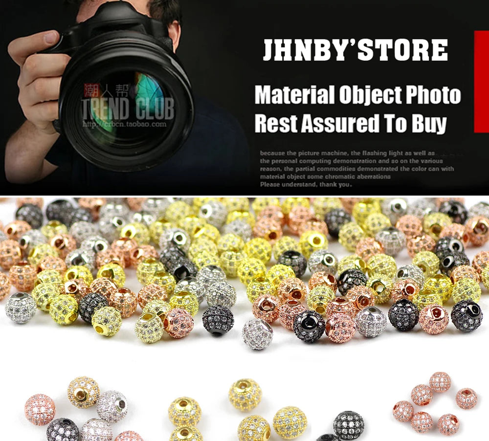 JHNBY 4pcs White Zircon Copper Spacer Beads 6/8/10mm Round Pave CZ Crystal Ball Loose Beads Jewelry Bracelet Making DIY Findings