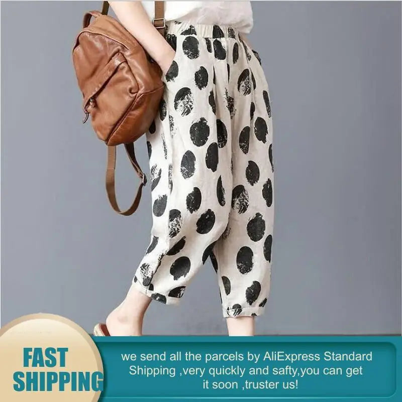Plus Size Casual Linen Pants 2023 Women's Trousers Vintage Polka Dot Pantalon Female Elastic Waist Printed Turnip Harem Pants