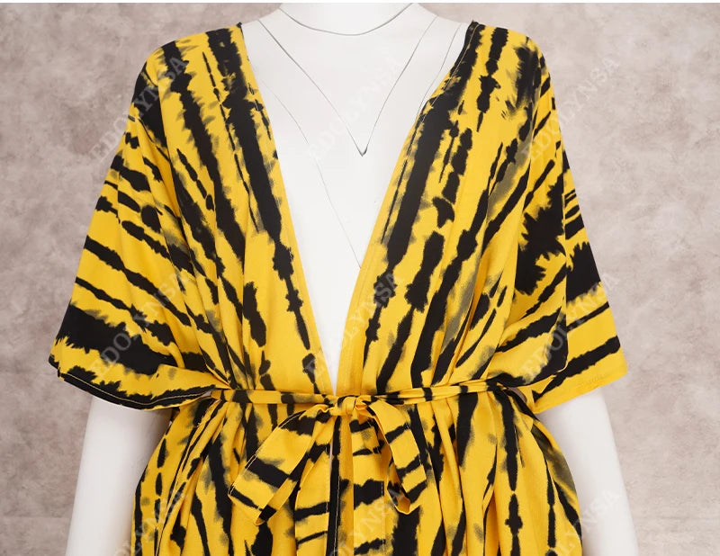 2023 Bikini Cover-ups Black Retro Striped Self Belted Women Summer Clothing Kimono Dress Beach Wear Swim Suit Cover Up Q1225