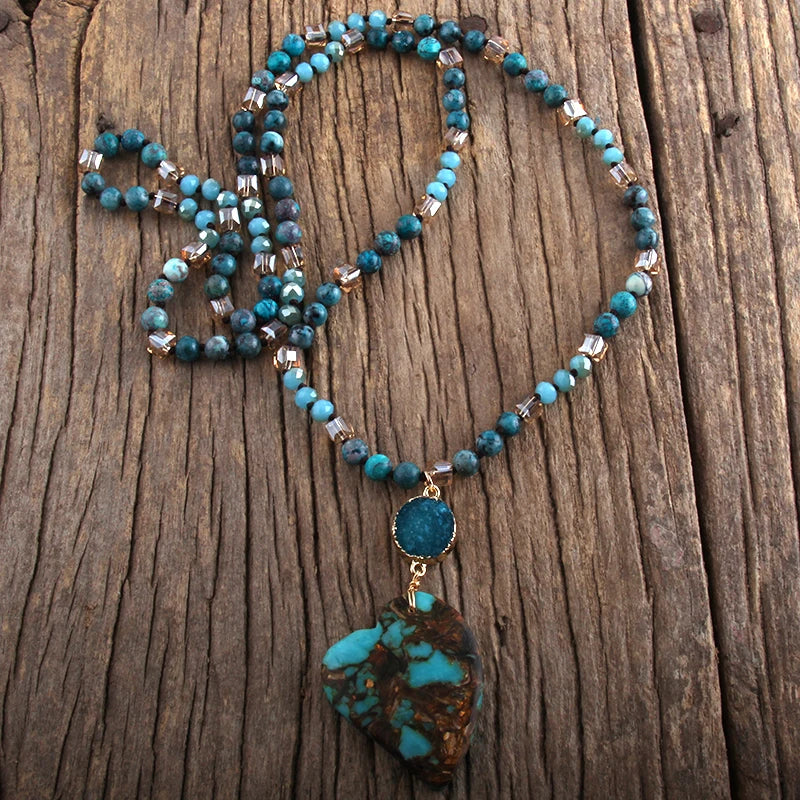 Fashion Bohemian Jewelry Boho Gift Natural Stones With Druzy Links Heart Stone Pendant Necklaces For Women