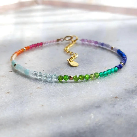 LiiJi Real Stone Small Rainbow Healing Stone 925 Sterling Silver Gold Color Adjustable Bracelet For Women Girls Jewelry