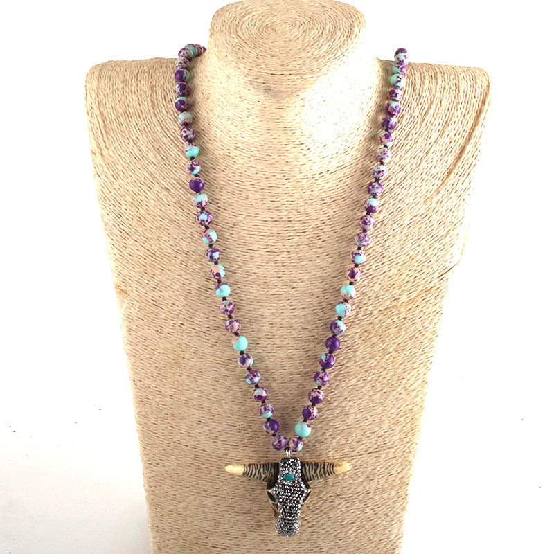 RH Fashion Boho Jewelry Empire Stones Long Knotted Bull Head Pendant Necklaces Dropship
