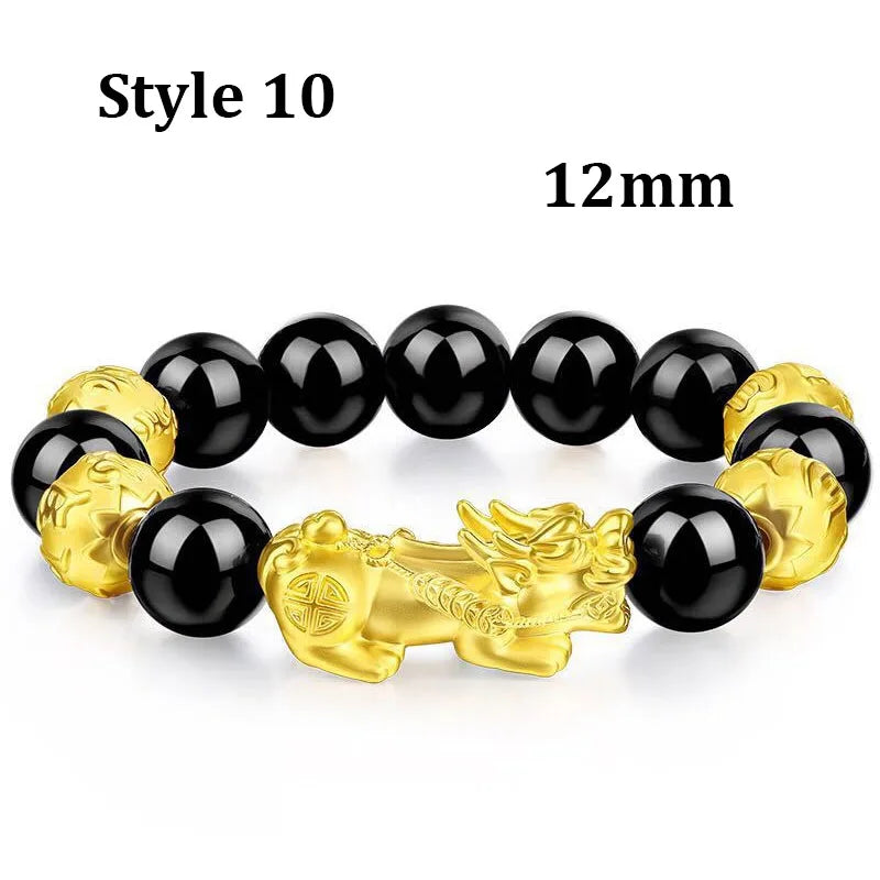 Feng Shui Obsidian Stone Beads Bracelet Wristband Gold Color Black Pixiu Wealth Good Luck Women Bracelet  Men Women Unisex