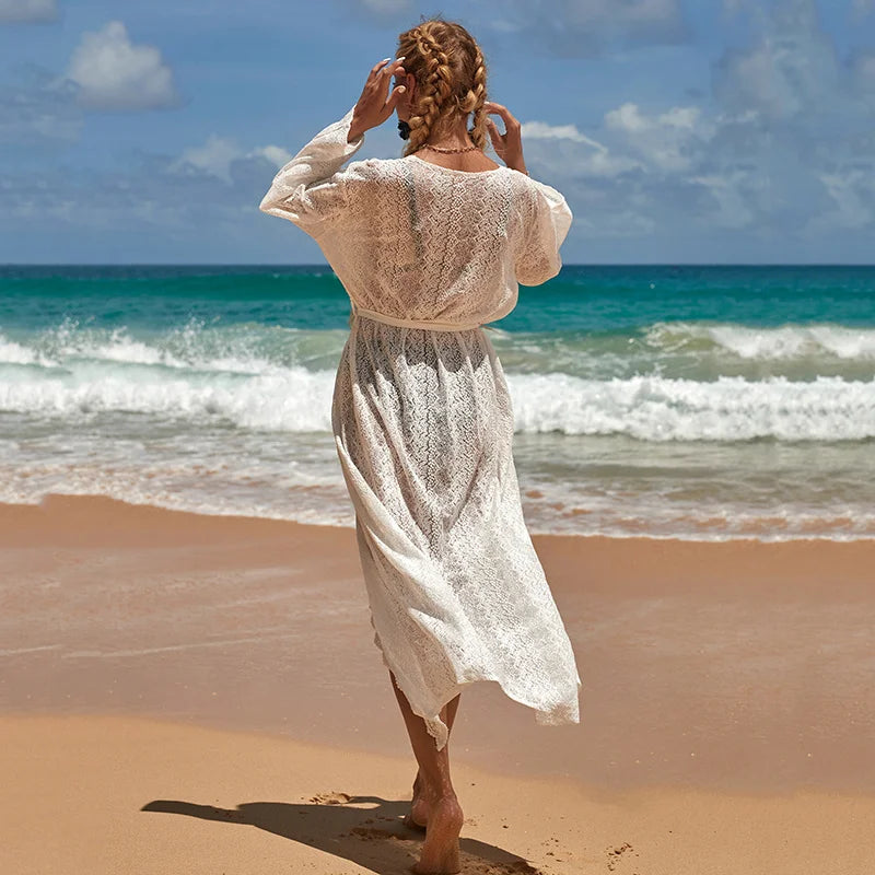 2024 Crochet White Knitted Beach Cover Up Dress Tunic Long Pareos Bikinis Cover Ups Swim Cover Up Robe Plage Beachwear