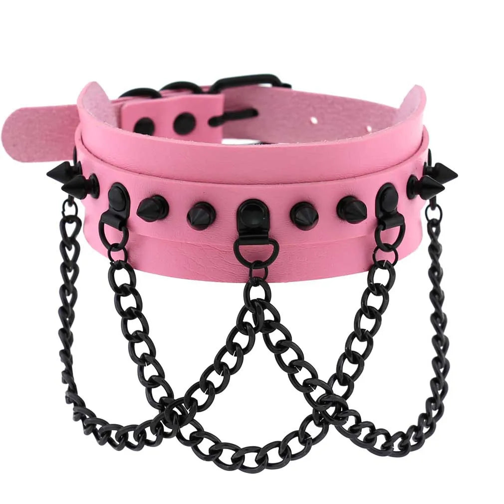 Goth Pink Leather Necklaces Women Punk Black Rivet Spike Collar Chain Neck Strap Gothic Holloween Girls Choker Y2K Body Jewelry