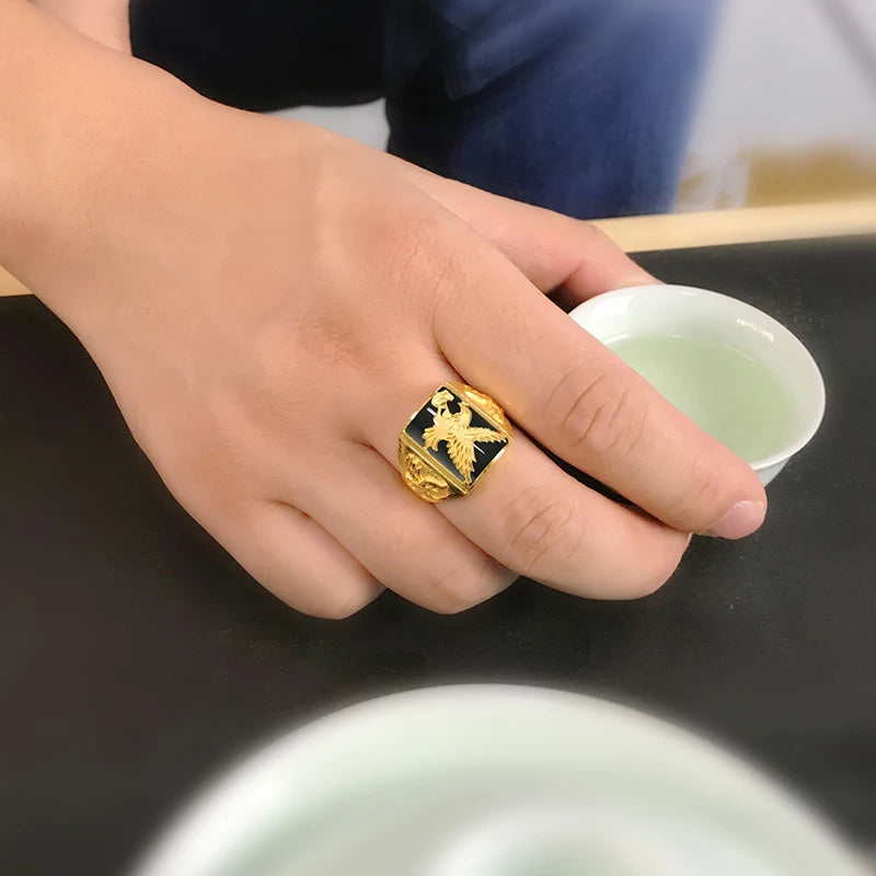 Punk Rock Eagle Men 's Ring Black Stone Gold Color Resizable To 7-11 Finger Jewelry Never Fade