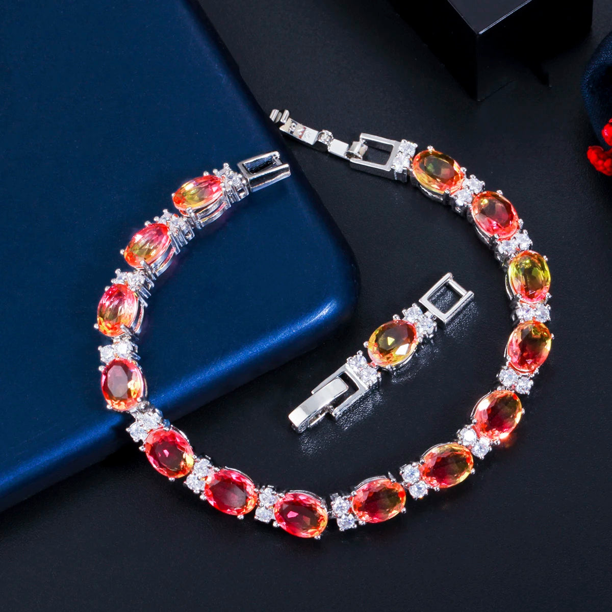 ThreeGraces Brilliant Multi Rainbow Cubic Zirconia Silver Color Wedding Colorful Bracelets for Women Fashion Party Jewelry BR147