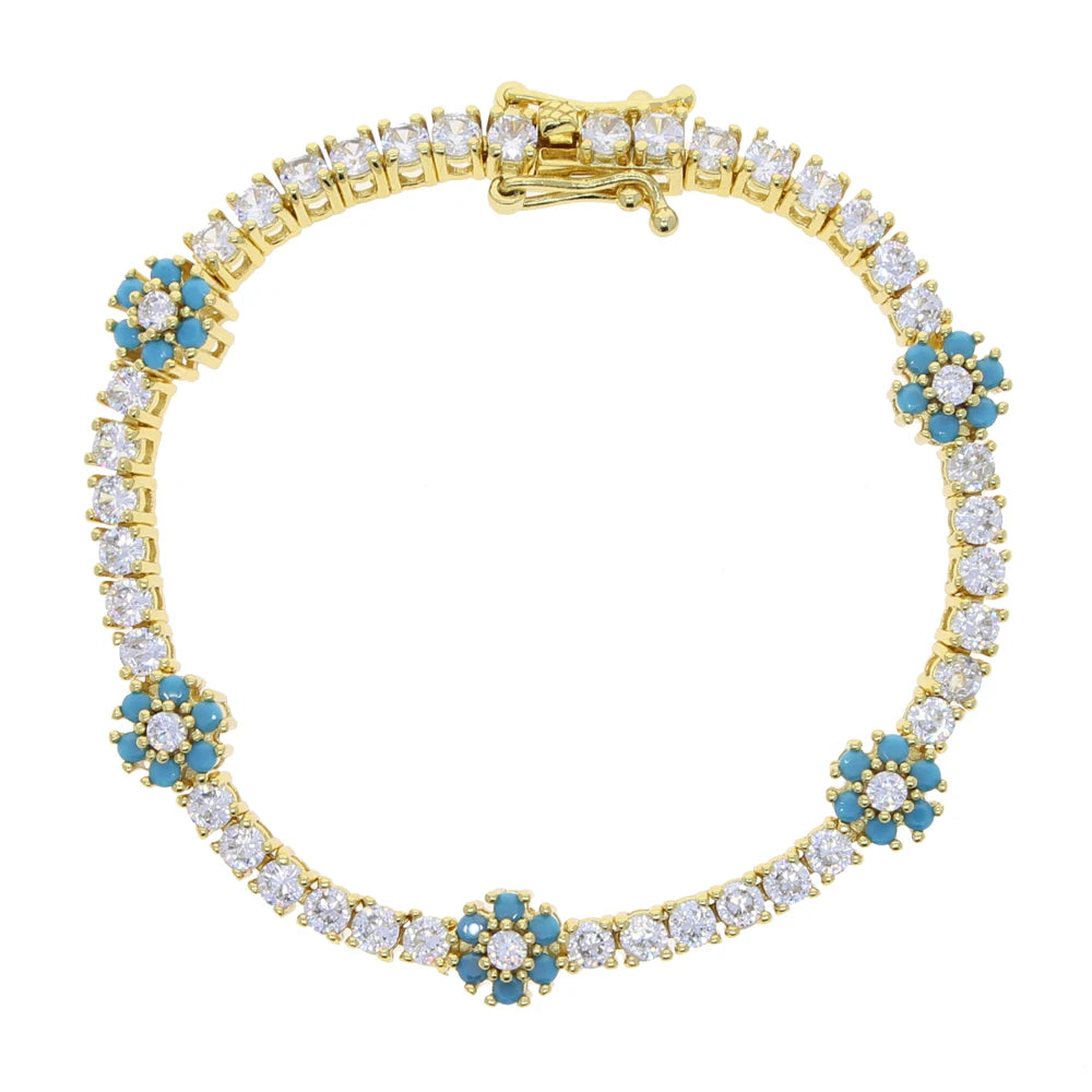 2025 Spring New Design Colorful Flower Charm White Black Rainbow CZ Tennis Chain Bracelet Women Fashion Jewelry