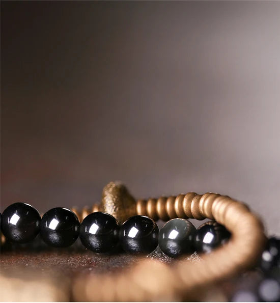 Rainbow Obsidian Beads Bracelet Hammered Brass Two Row  Health Unisex Jewelry for Women Unique Handmade Personalized Bracelet