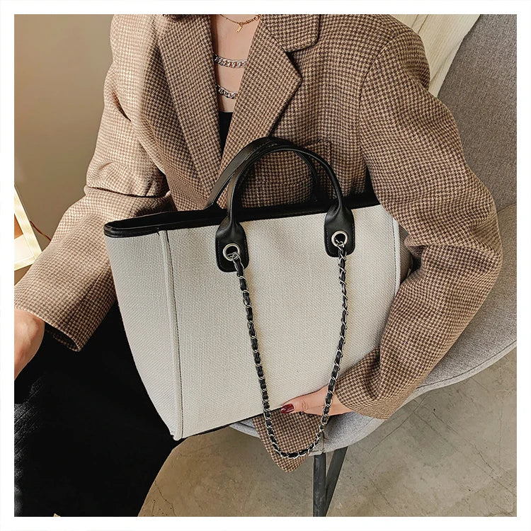 Women Tote Bag Fashion Canvas Large Capacity Handbag Casual Chains Shoulder Bags Ladies Big Messenger Bag Shopping Bag