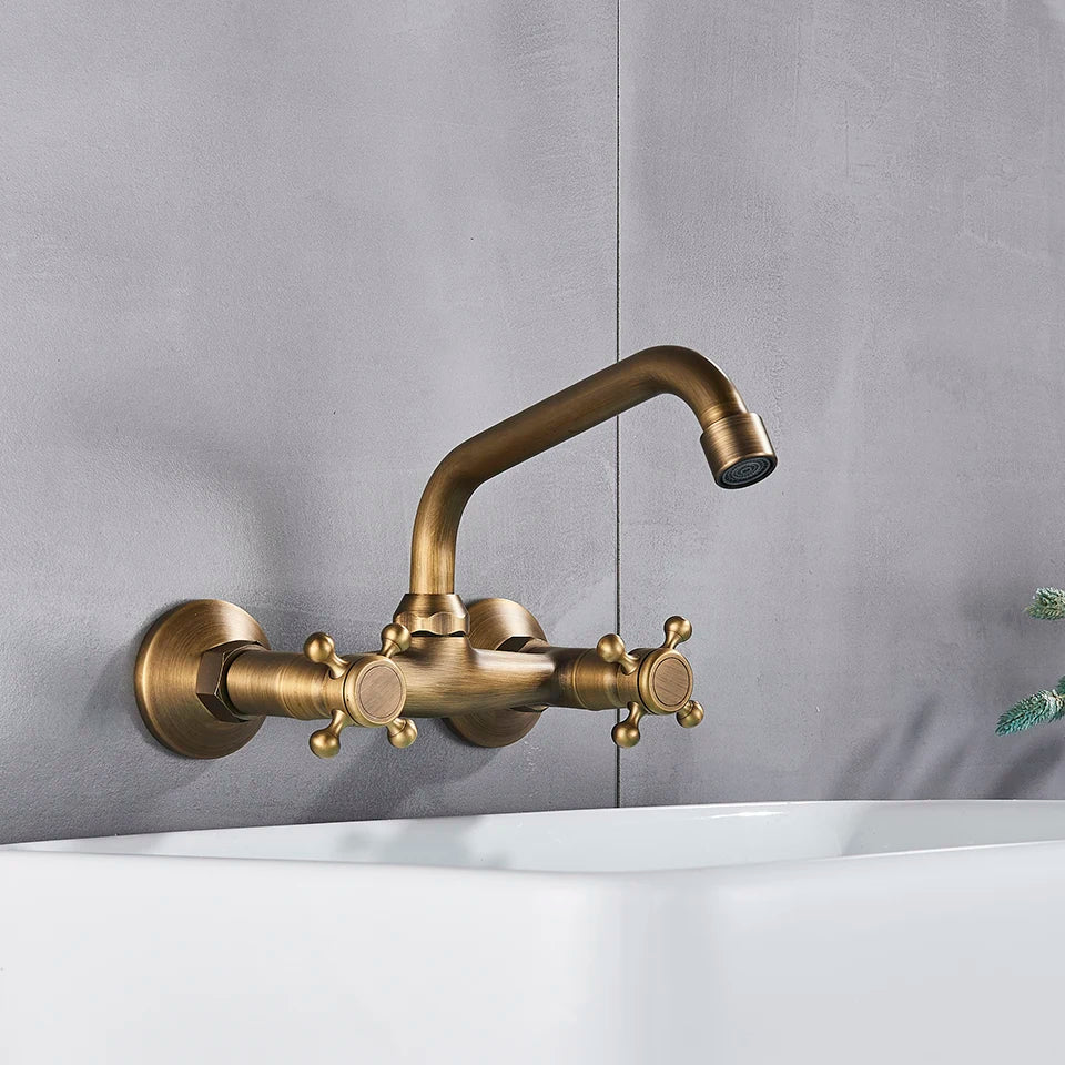 Antique Brass Kitchen Faucet Hot And Cold Water Mixer Faucets Wall Mounted Tap Vessel Sink Mixer Tap Swivel Spout Basin Mixer