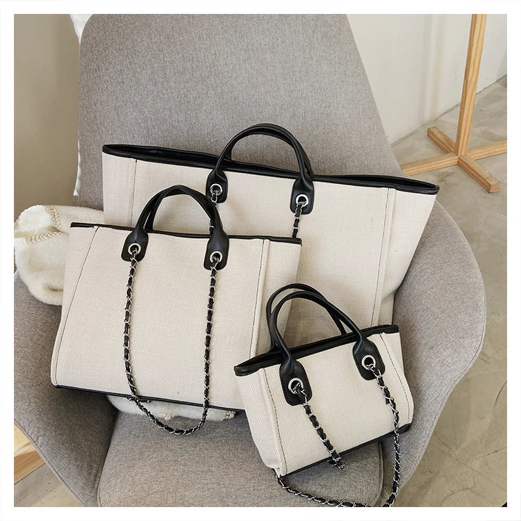 Women Tote Bag Fashion Canvas Large Capacity Handbag Casual Chains Shoulder Bags Ladies Big Messenger Bag Shopping Bag