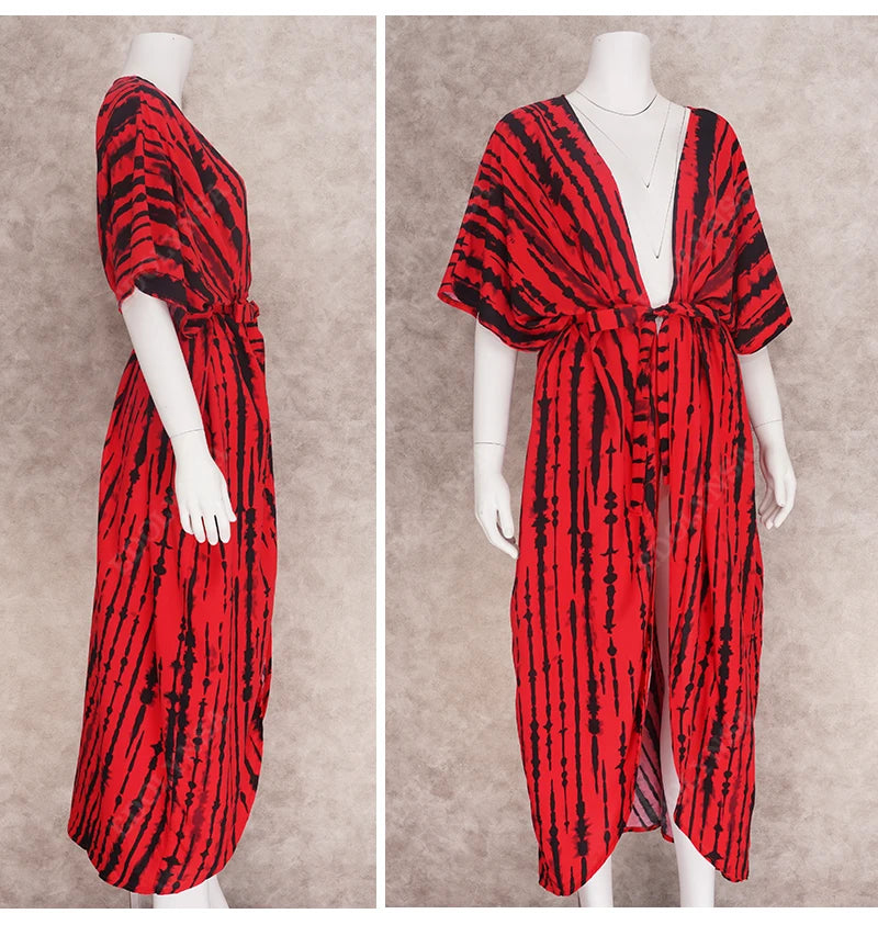 2023 Bikini Cover-ups Black Retro Striped Self Belted Women Summer Clothing Kimono Dress Beach Wear Swim Suit Cover Up Q1225