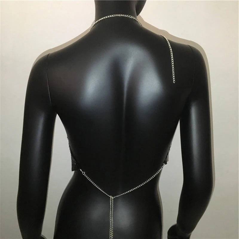 AKYZO Women 2023 Sexy Metal Sequined Tank Camis Summer Gold Silver Backless Cropped Glitter Beach Club Show Wear Tank Tops